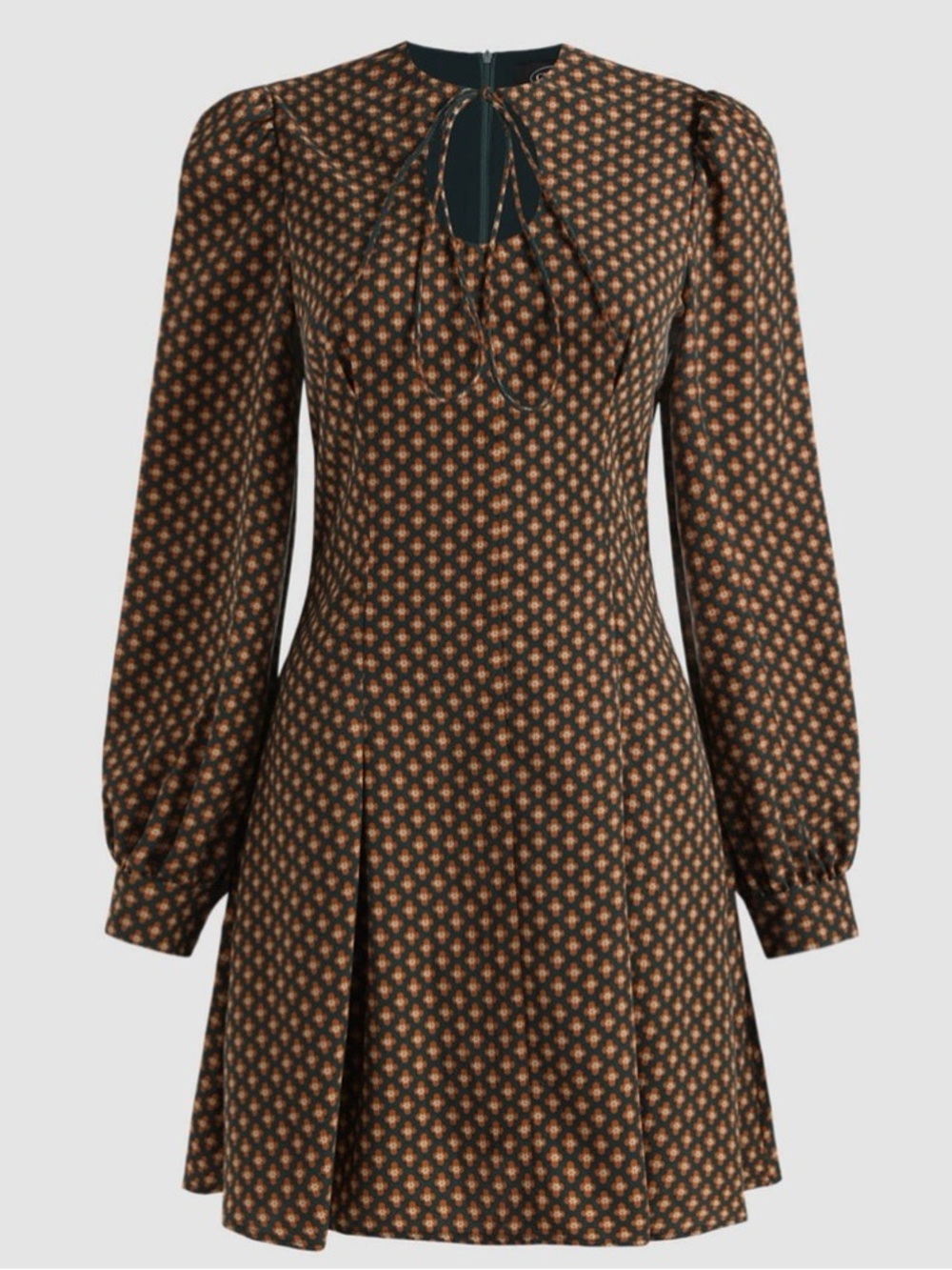 🍁🧡60s Cider Teal Green Floral Tie-Neck Blouse Dress w Orange Pattern Fall Autumn